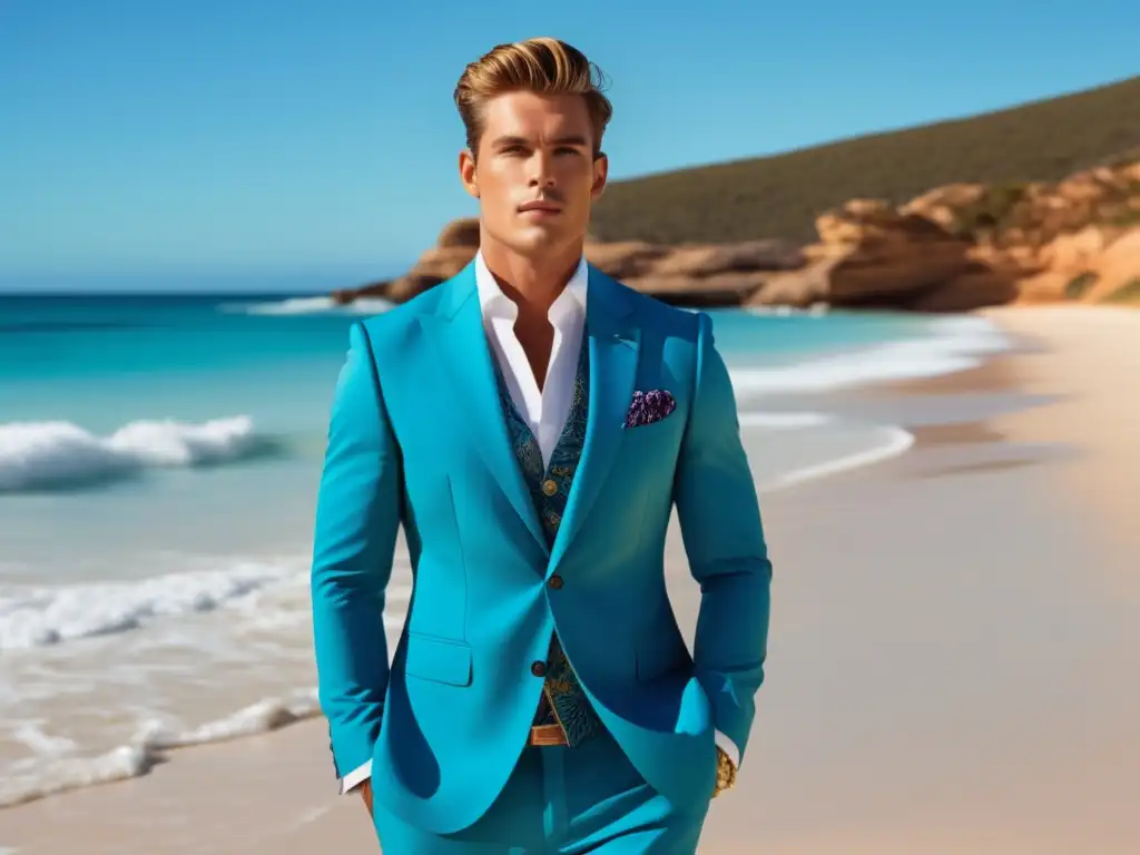 Influencia moda australiana en estilo masculino, modelo bien vestido en la playa con traje australiano y mar azul vibrante