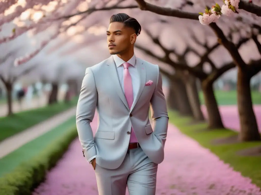 Influencia estaciones moda masculina: modelo elegante con traje gris claro, camisa blanca y corbata rosa, entre árboles de cerezo en flor