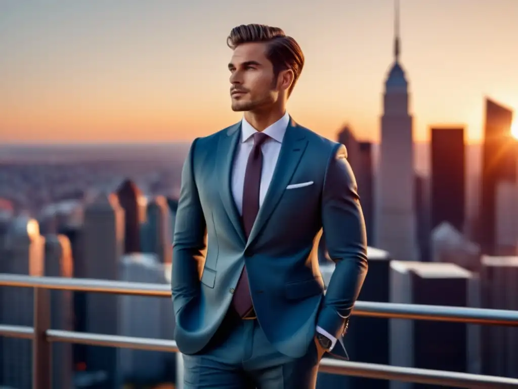 Fotografiar outfit masculino, consejos estilismo: Modelo masculino elegante, traje a medida, ciudad moderna al atardecer