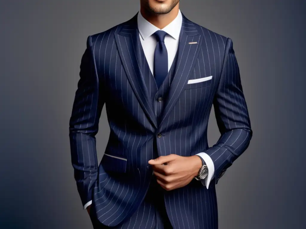 Modelo masculino elegante usando traje a rayas, resaltando la importancia de las rayas en moda masculina