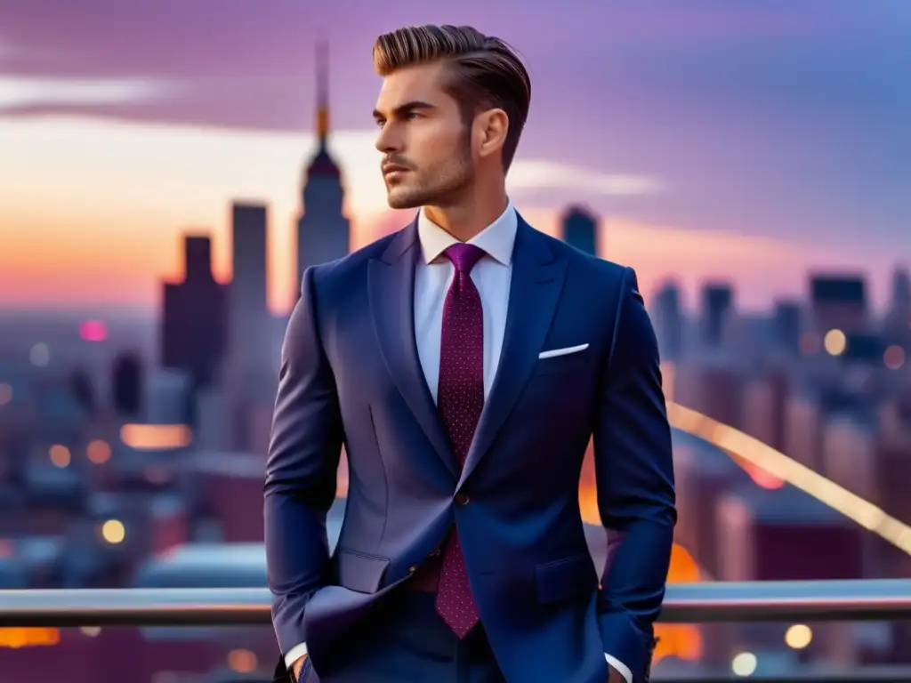 Hombre elegante en traje azul, tendencias moda masculina 2022, ciudad vibrante al atardecer