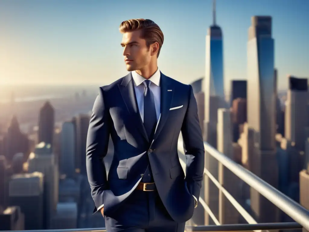 Importancia de la moda masculina: modelo con traje azul marino perfectamente ajustado, confiado y elegante en una ciudad vibrante