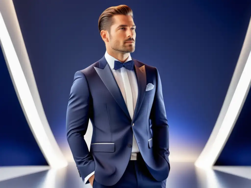 Modelo masculino en traje azul marino ajustado, muestra tendencias de moda masculina 2022