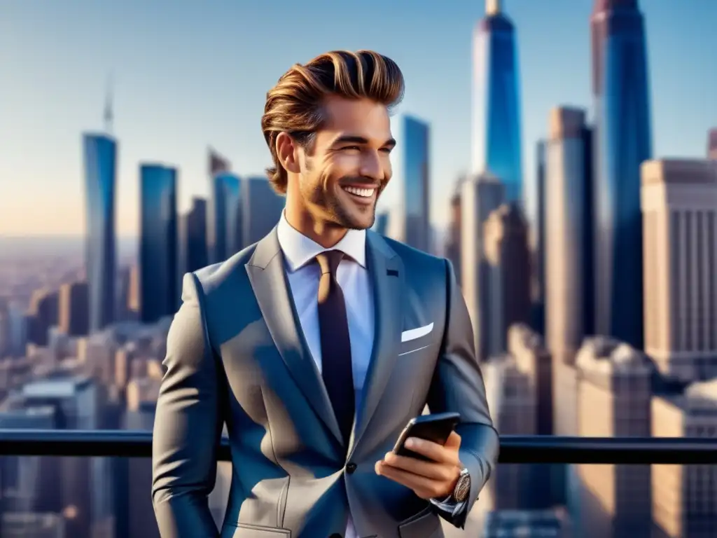 Estrategias branding moda masculina: modelo elegante en ciudad, muestra apps en smartphone, colores vibrantes y estética moderna