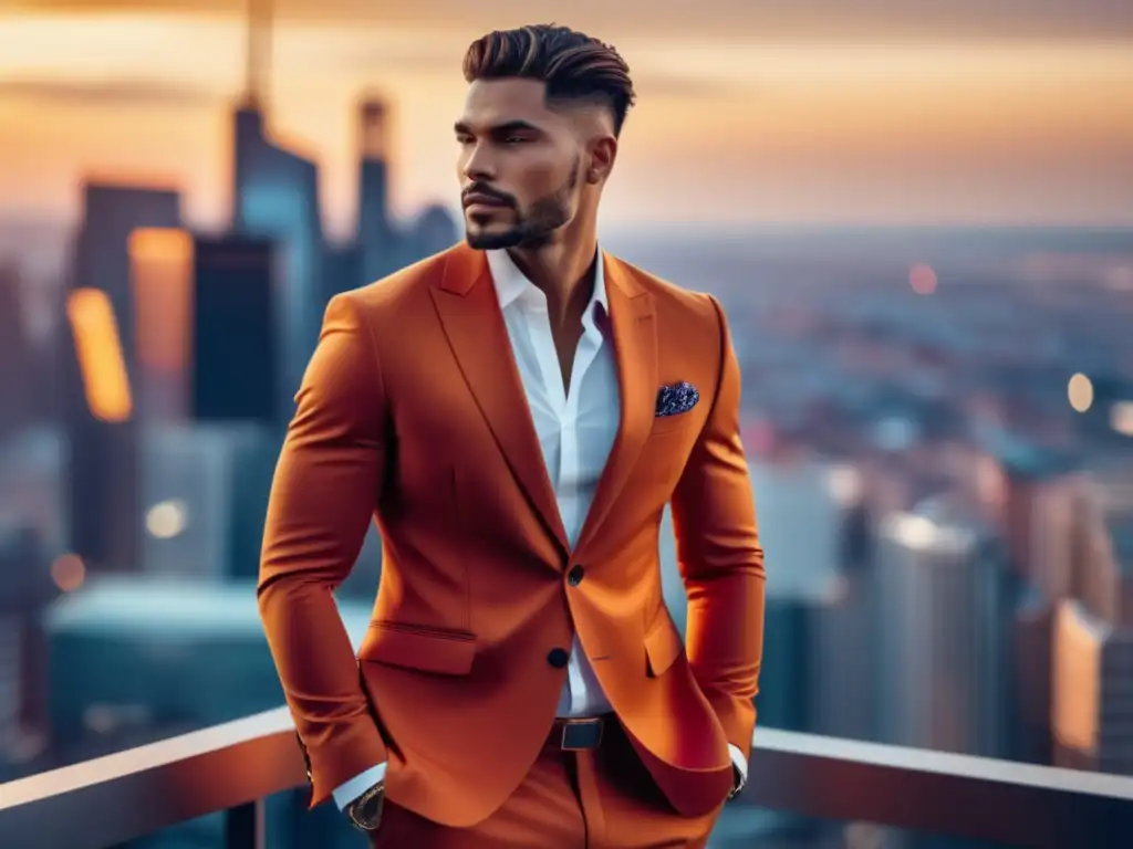 Fotografía estilo moda masculina con modelo elegante en ciudad vibrante