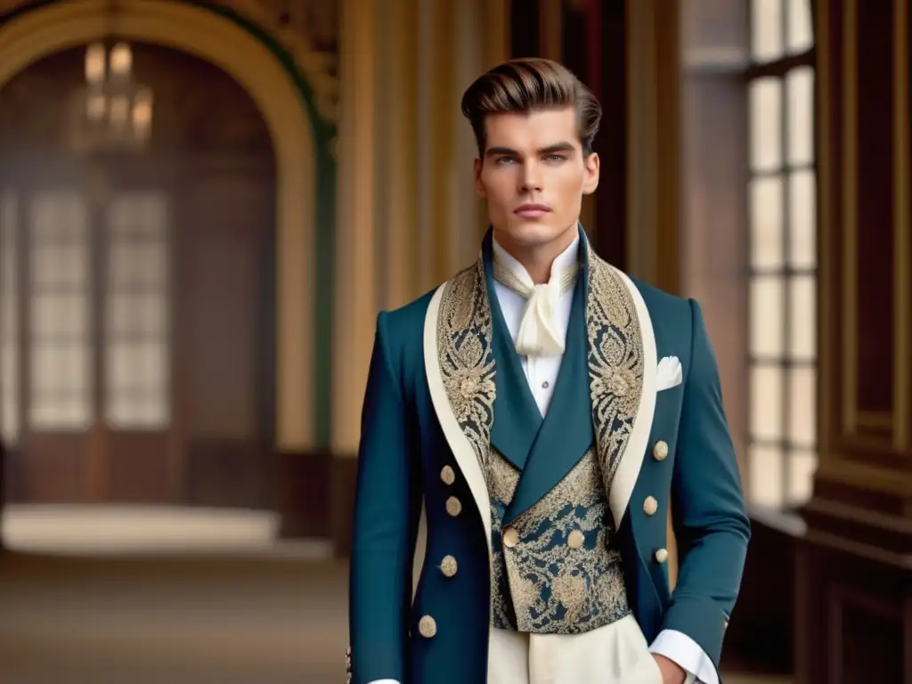 Modelo masculino elegante en atuendo inspirado en drama histórico, destacando moda masculina y la influencia de series históricas