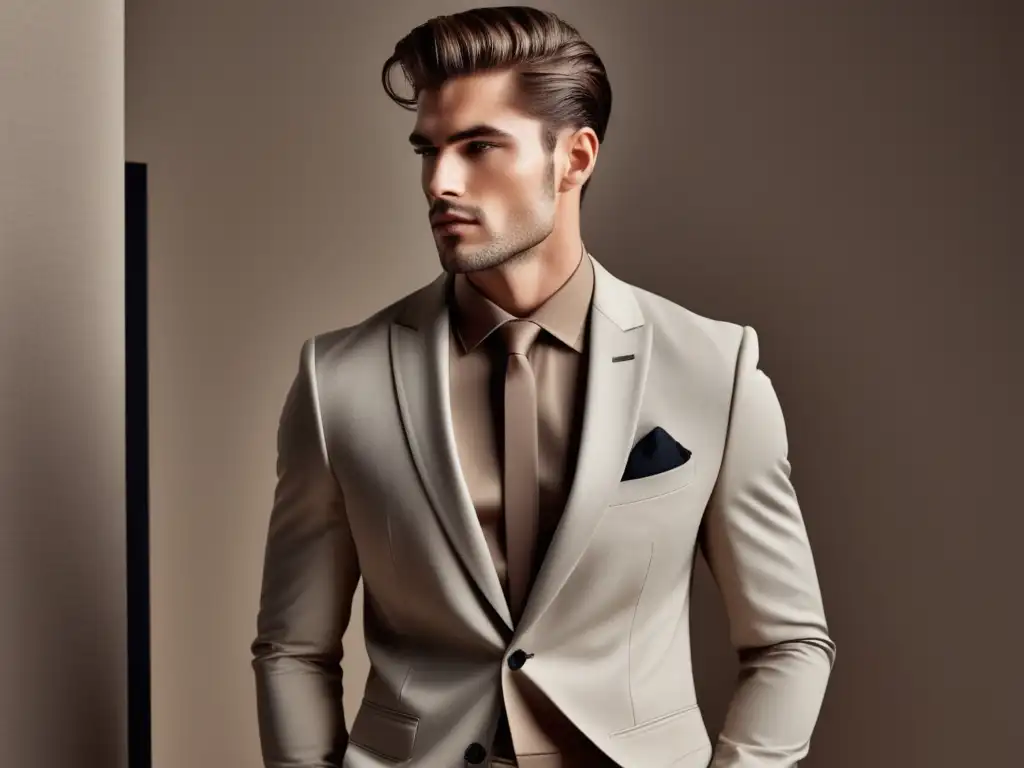 Diseño minimalista de moda masculina: Modelo elegante en traje ajustado, con líneas limpias y fondo blanco