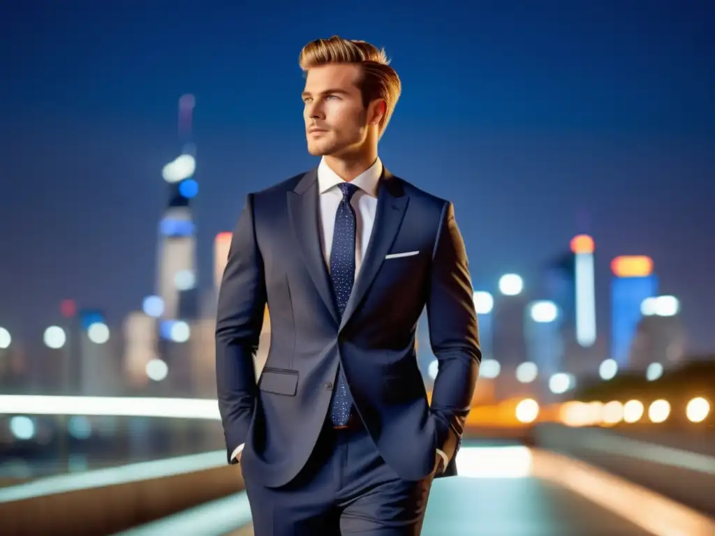 Modelo masculino con traje moderno y elegante en la ciudad de noche