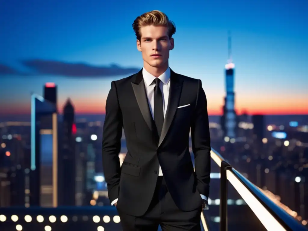 Tendencias moda masculina Saint Laurent: modelo elegante en traje negro, ciudad vibrante al atardecer