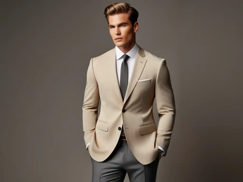 Modelo masculino elegante en una tendencia de moda neutra