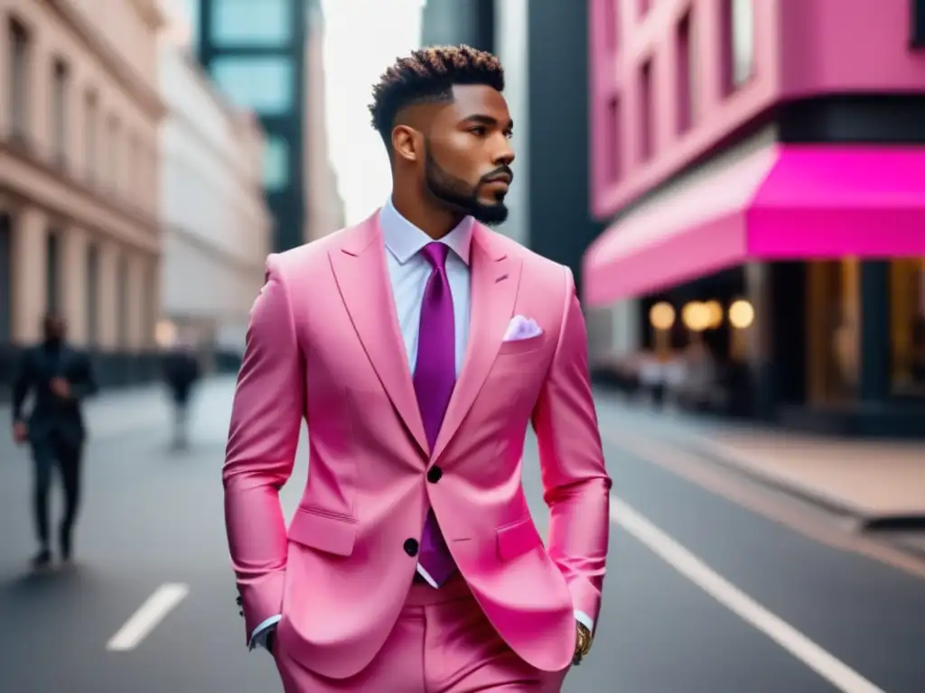 Modelo masculino elegante en traje rosa, rompiendo estereotipos de género y reflejando las tendencias de moda