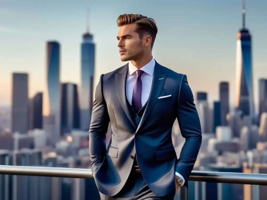 Beneficios de cortes slim fit en moda masculina: Modelo bien vestido destaca en ciudad moderna