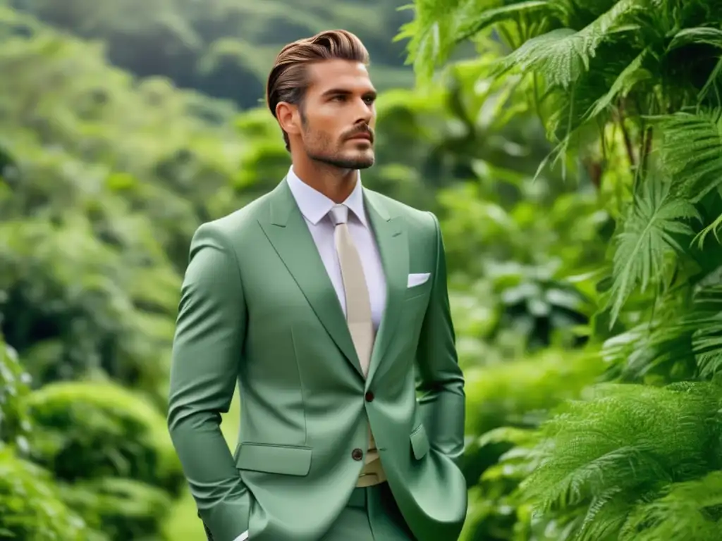 Moda masculina sostenible: Tendencias y consejos - Modelo elegante viste traje ecológico en entorno natural, fusionando moda y sostenibilidad