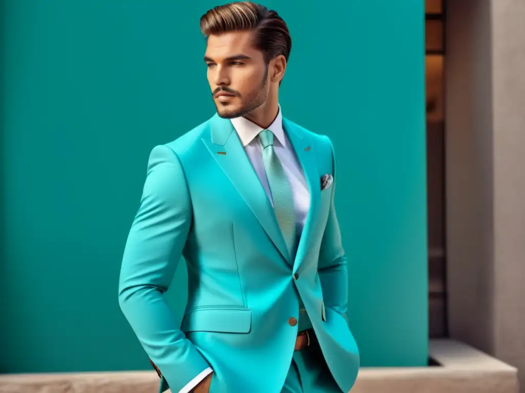 Beneficios turquesa moda masculina: modelo sofisticado en traje turquesa, detalles exquisitos, frescura y confianza