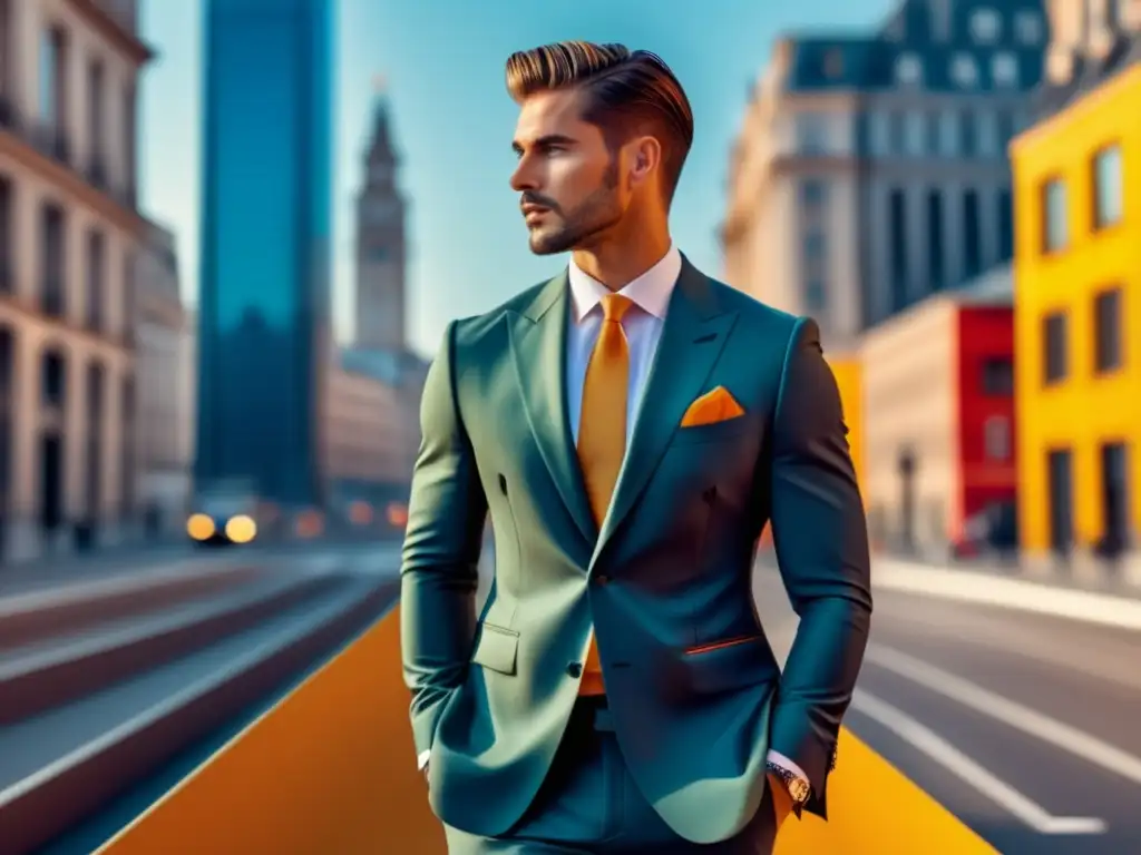 Estrategias moda masculina: modelo elegante en traje, fondo urbano vibrante