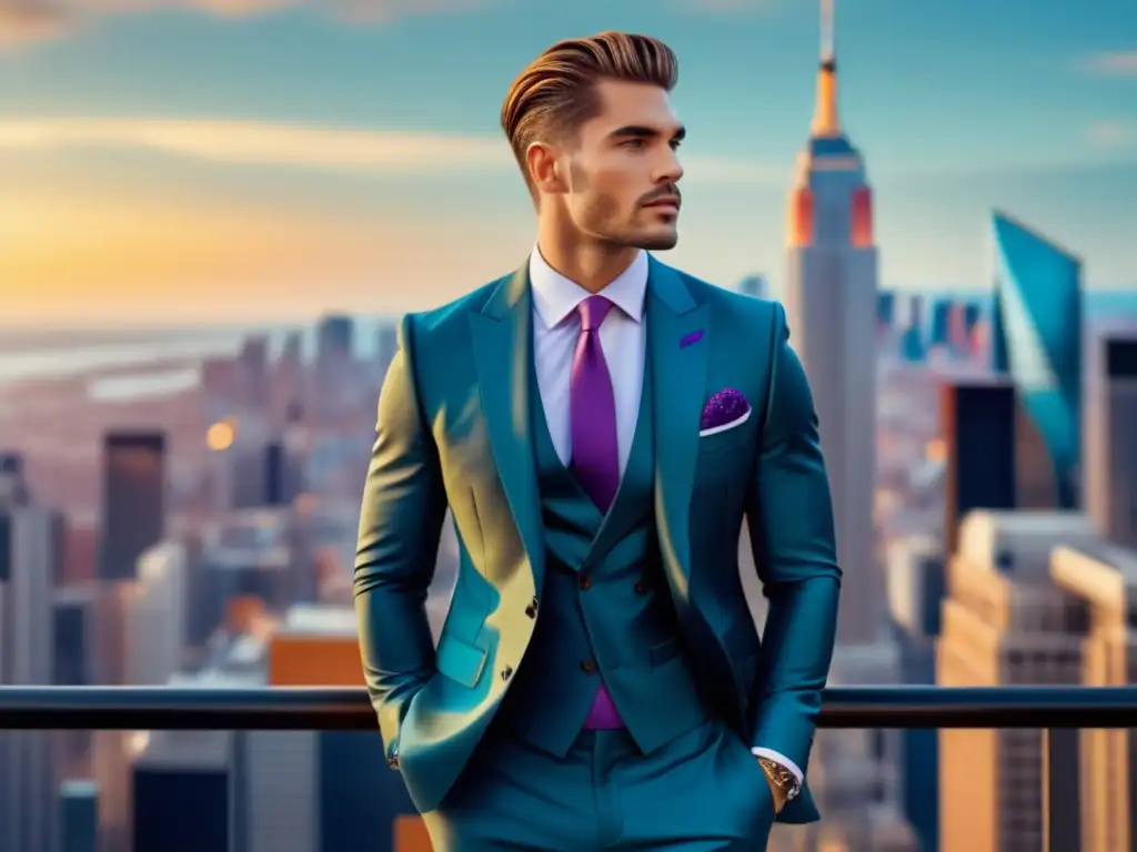 Importancia moda masculina: modelo elegante en ciudad vibrante, traje impecable, estilo único y colores llamativos