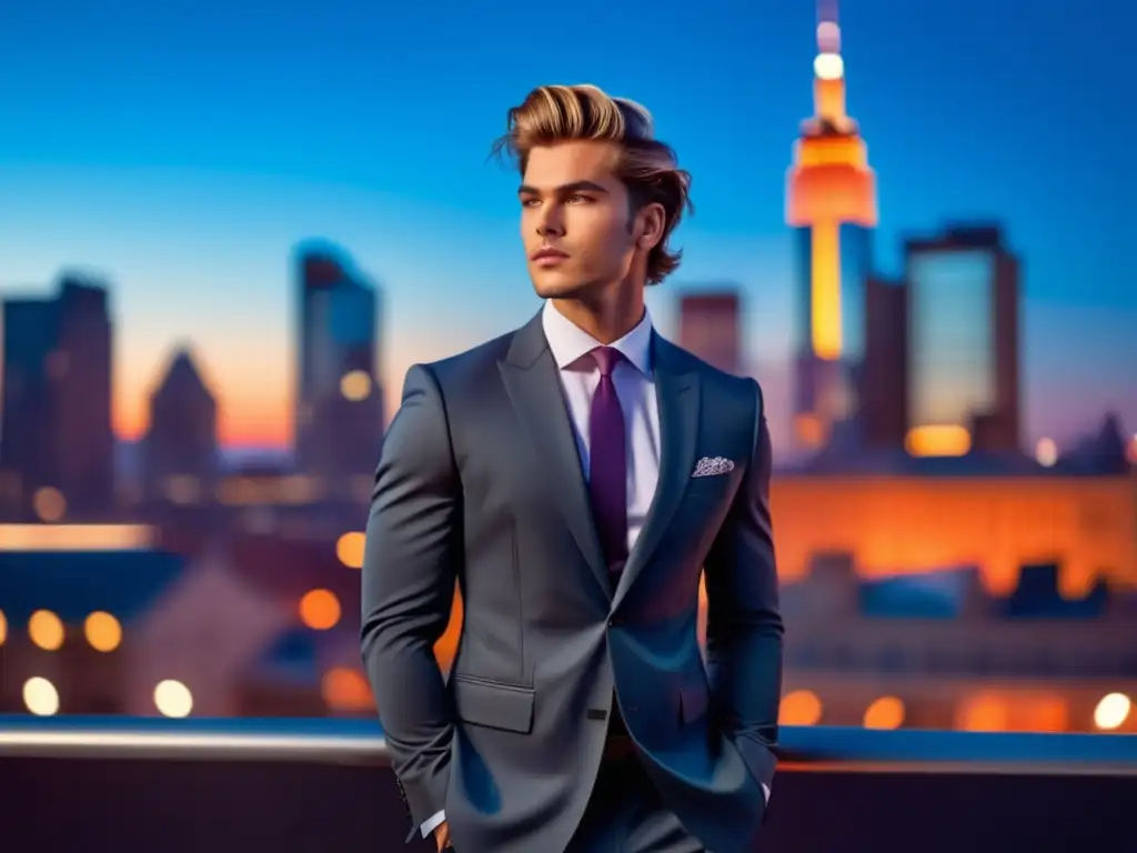 Fotografía moda masculina brillante: modelo confiado y elegante en traje, con fondo urbano vibrante al atardecer