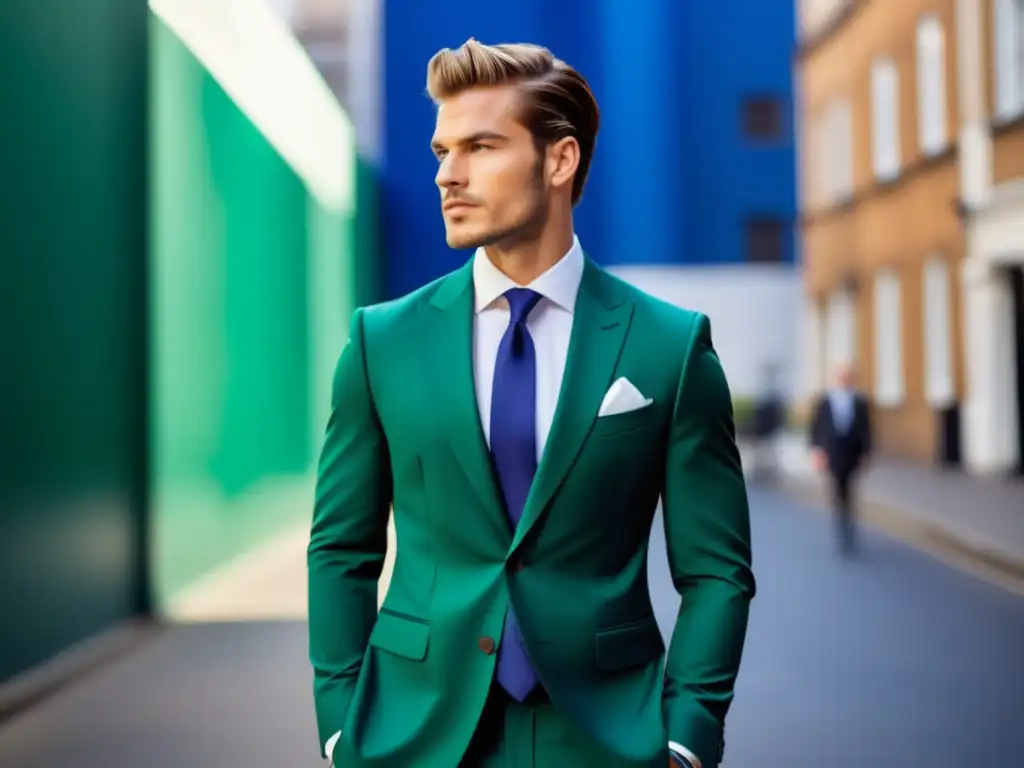 Hombre elegante con traje verde esmeralda y accesorios, tendencia moda masculina