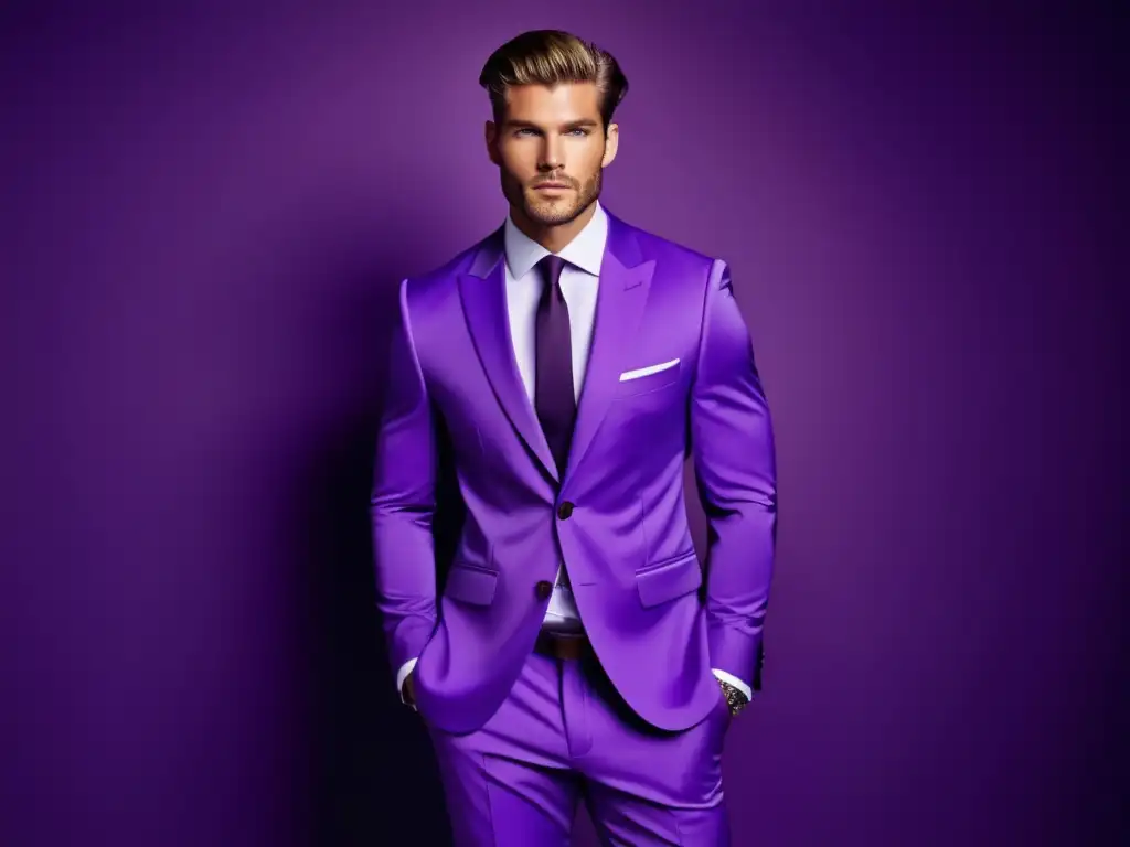 Modelo masculino elegante en traje violeta, destacando el significado del color en moda masculina