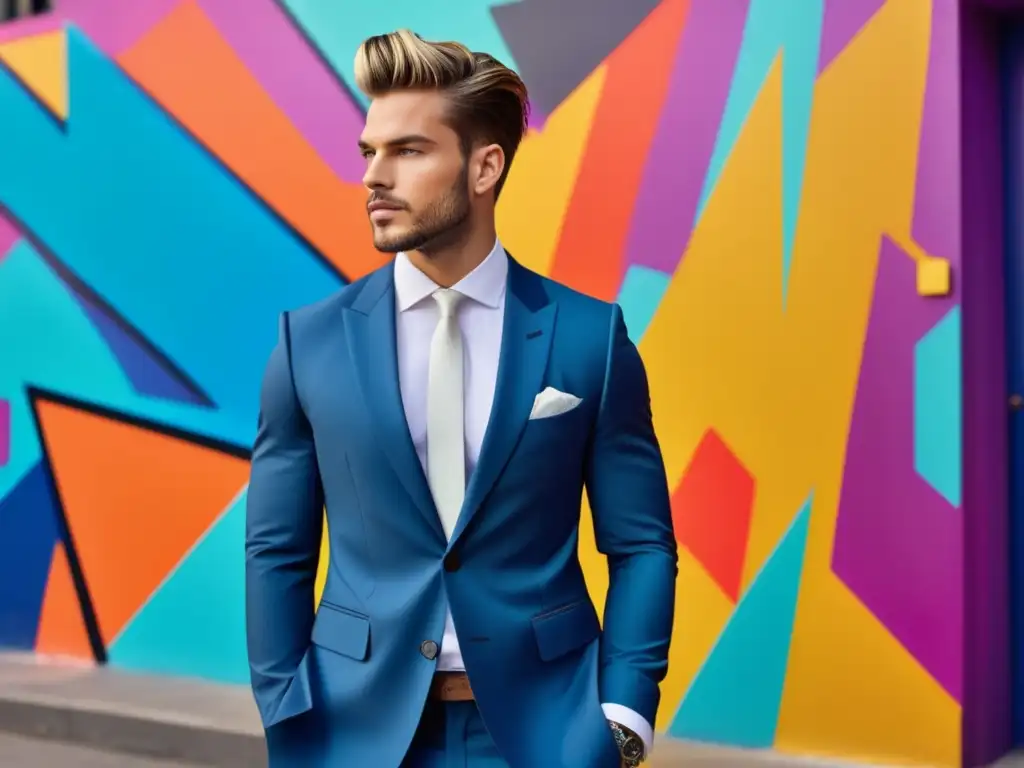 Estilo de moda masculina personalizada frente a grafitis vibrantes