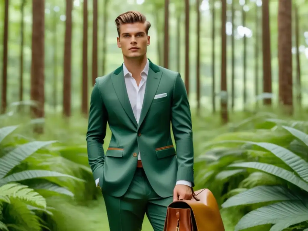 Modelo masculino elegante viste moda ecofriendly en un bosque verde, promoviendo tendencias de moda masculina ecofriendly adoptar