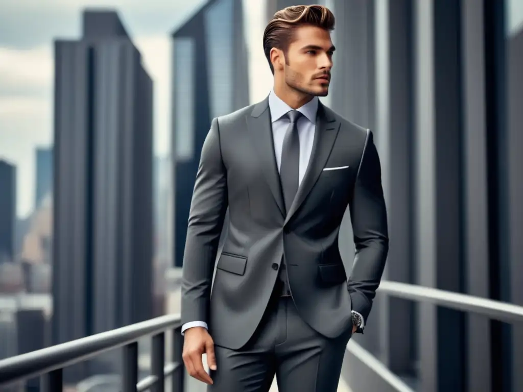 Modelo masculino en traje slim fit resalta beneficios de moda masculina