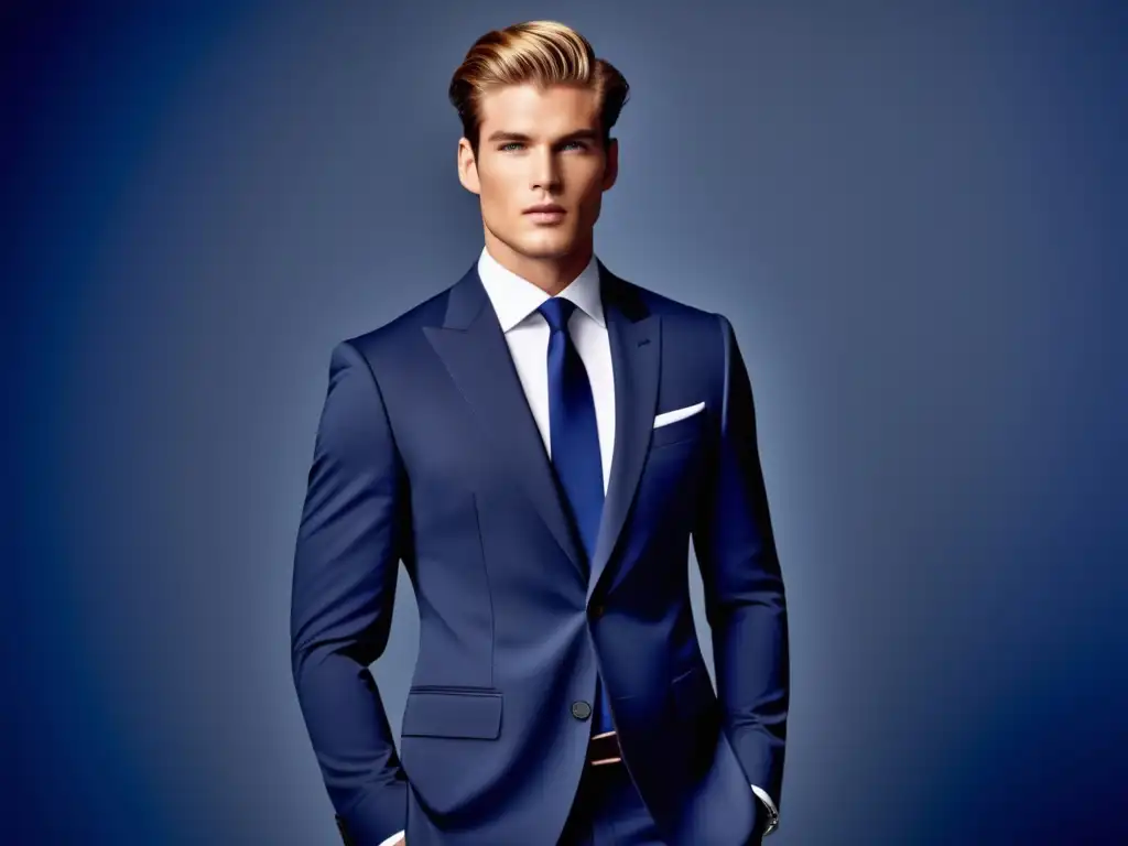 Impacto del color en moda masculina: traje azul elegante realza confianza y sofisticación, creando mood y estilo