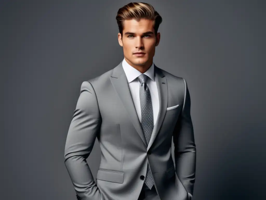 Influencia del color gris en la moda masculina: modelo masculino elegante con traje gris, camisa blanca y accesorios plateados