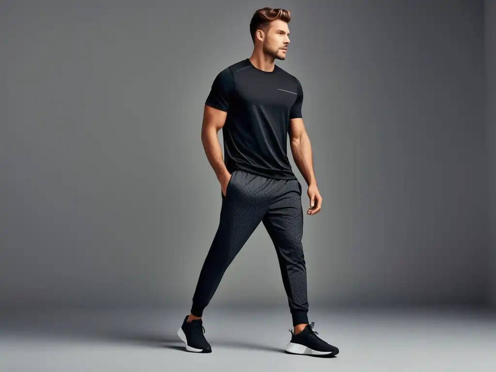 Tendencias moda masculina Activewear contemporánea: modelo masculino usando ropa activewear moderna en una pose dinámica