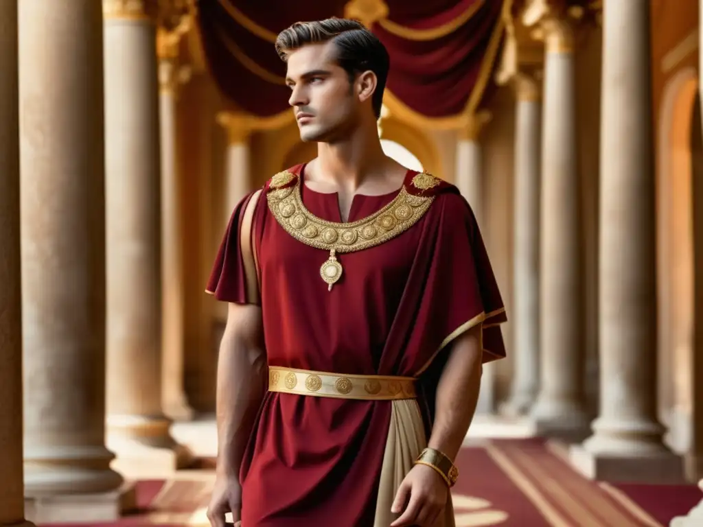 Tendencias moda masculina: modelo en escenario romano opulento con túnica roja y dorada, accesorios y elementos arquitectónicos