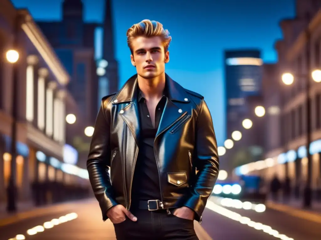 Influencia de James Dean en moda masculina: modelo masculino con chaqueta de cuero clásica, estilo icónico y actitud confiada en una ciudad moderna