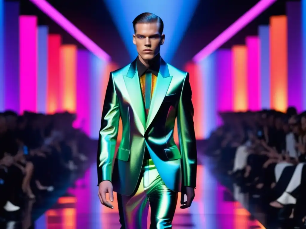 Tendencias moda masculina Alexander McQueen: Modelo masculino en pasarela futurista con luces holográficas y atuendo vanguardista