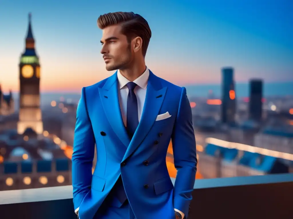 Modelo masculino en traje azul eléctrico, destaca en ciudad al atardecer