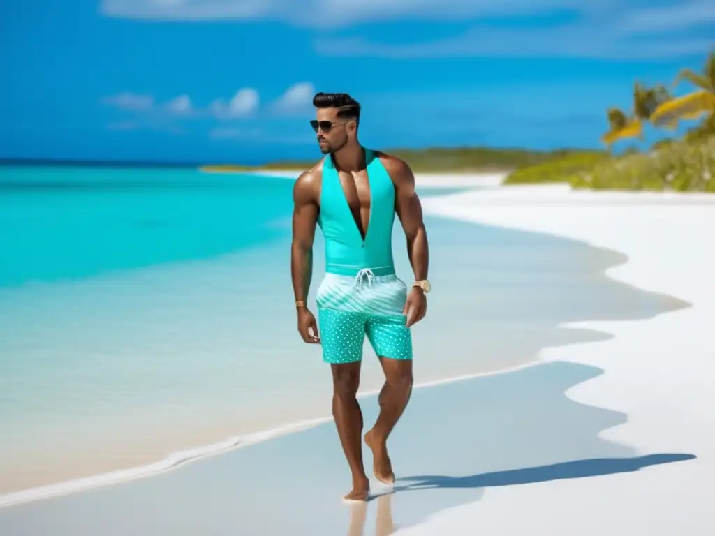 Consejos moda masculina playa: modelo masculino en la playa con traje de baño moderno y confianza