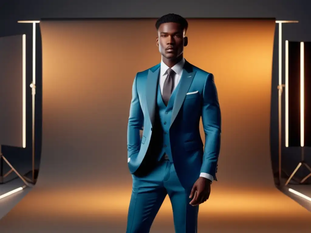 Técnicas de iluminación para moda masculina: Modelo masculino en traje elegante resaltado por luz suave y texturas intrincadas