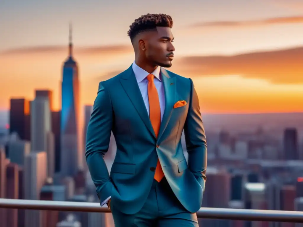 Fotografía de moda masculina con modelo confiado en traje moderno y ciudad vibrante al atardecer