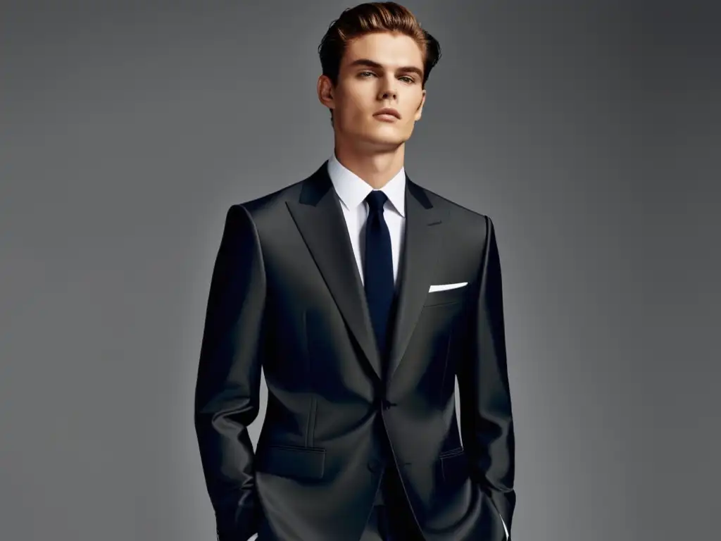 Tendencia moda masculina Stella McCartney: Modelo masculino en traje impecable, destacando artesanía y diseño único