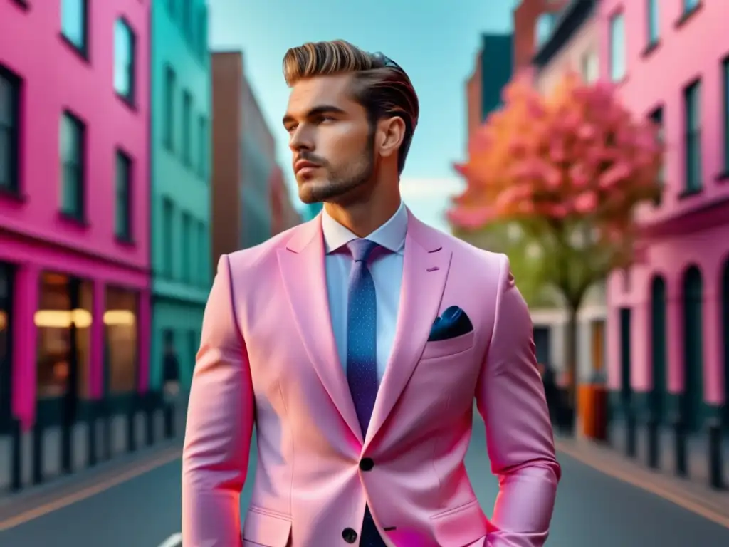 Modelo masculino destaca en vibrante entorno urbano, combinando colores tendencia moda masculina