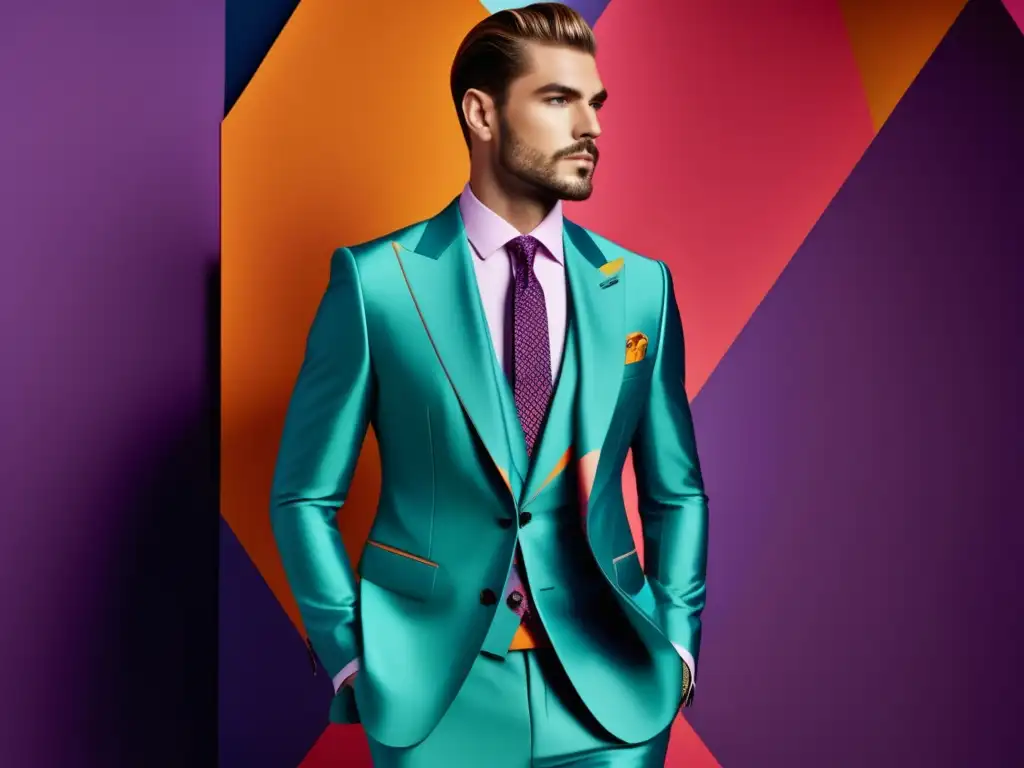 Moda masculina: estampados geométricos en traje elegante de colores vibrantes y patrones intrincados, resaltando la tendencia actual