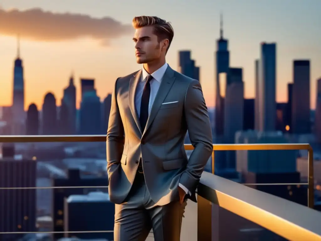 Modelo masculino con traje moderno en la azotea al atardecer - Consejos fotografia moda masculina