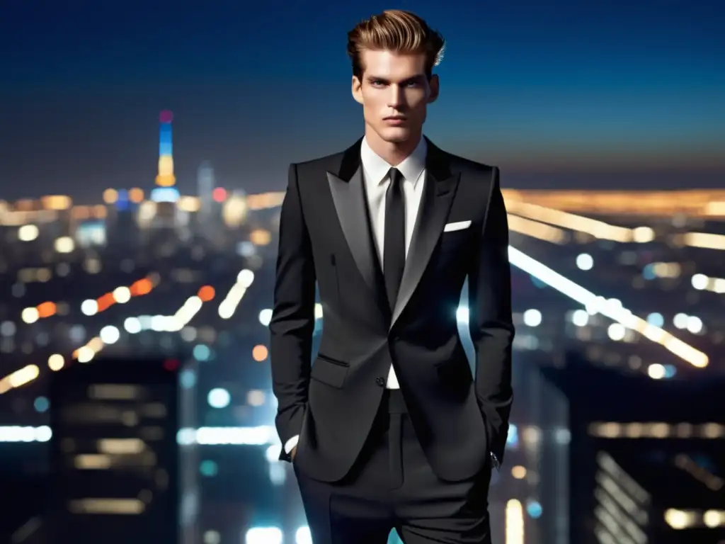 Tendencias moda masculina Saint Laurent: Modelo masculino con traje negro elegante y moderno, en una ciudad futurista iluminada