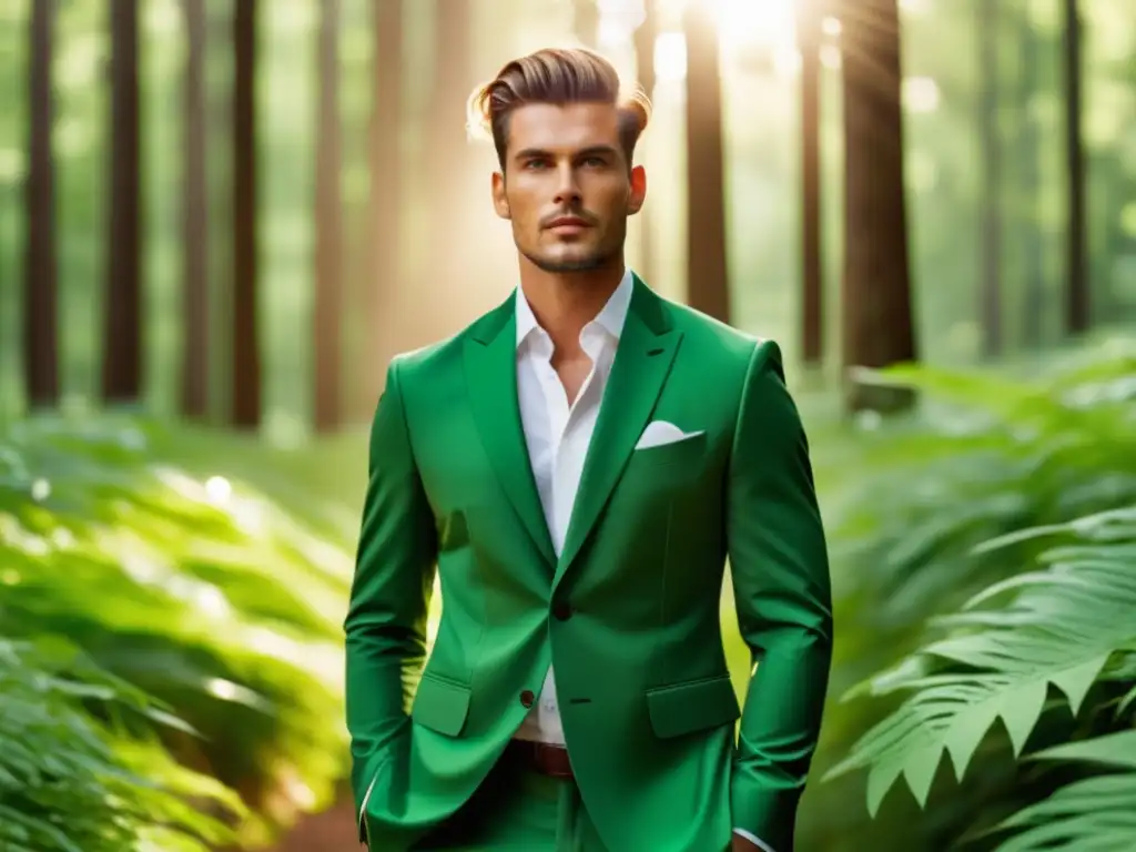 Moda sostenible para hombres - Modelo elegante en bosque verde, traje a medida ecofriendly, expresión confiada, moda consciente