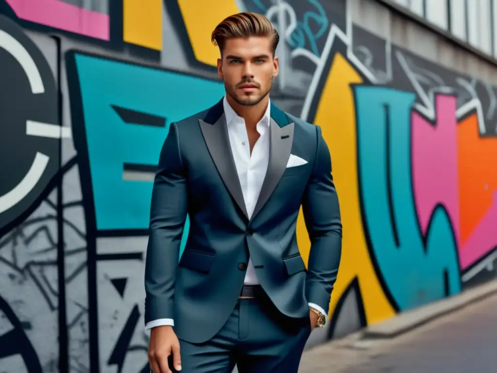 Estrategias publicitarias para moda masculina: Fotoshoot urbano con modelo masculino en traje, expresando confianza y autenticidad