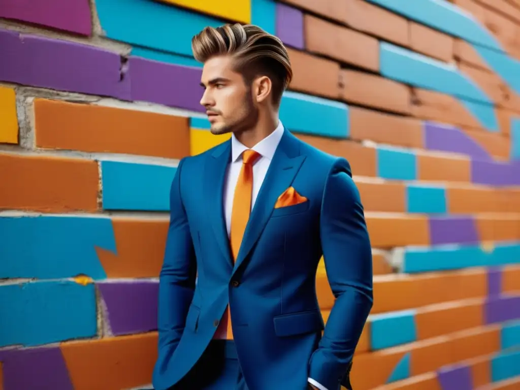 Moda masculina: Composición fotográfica vibrante de modelo en traje llamativo, con peinado perfecto, expresión segura y fondo de graffiti