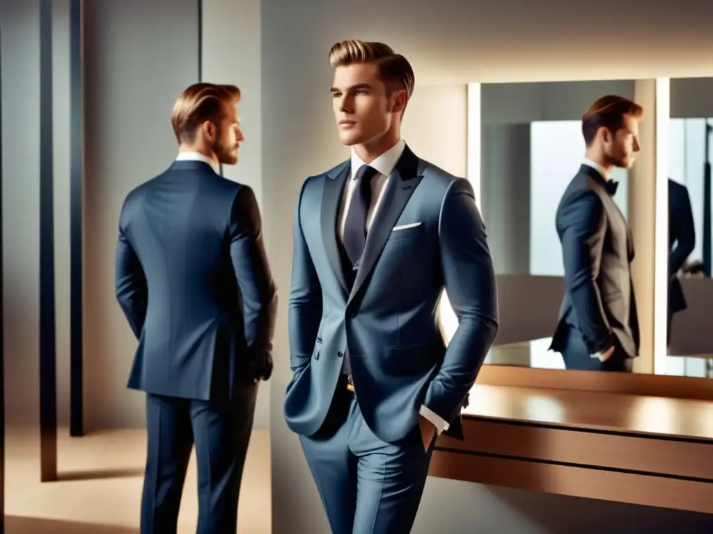 Hombre elegante en vestidor moderno, resalta ergonomía en moda masculina