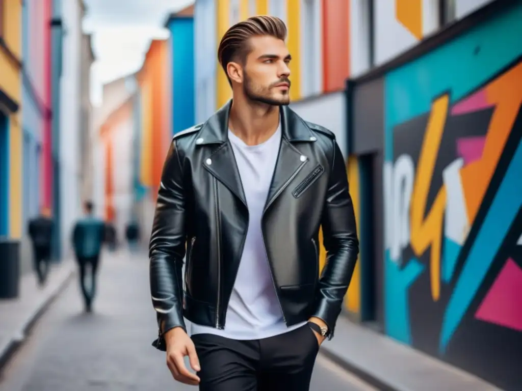 Tendencias moda masculina europea: modelo elegante en la ciudad con graffiti y edificios modernos