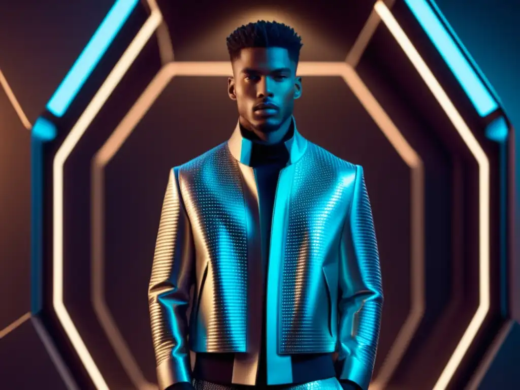 Tendencias moda masculina tecnología ropa: modelo masculino con ropa futurista, iluminado por una luz ambiental suave, en un fondo minimalista