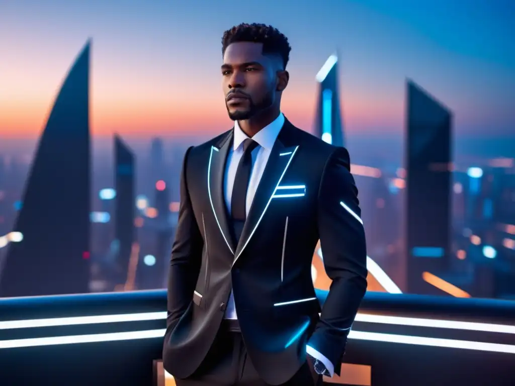 Modelo masculino elegante en una ciudad futurista de noche - Tendencias moda masculina ciencia ficción