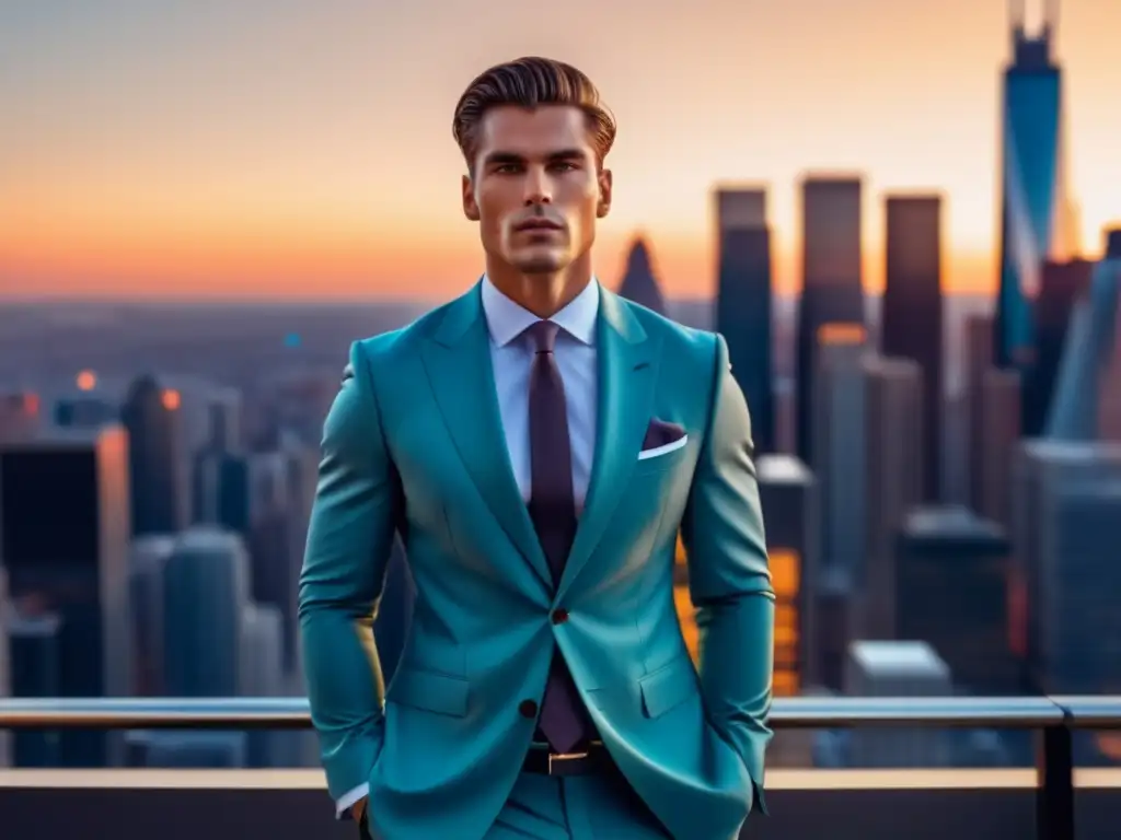 Fotografía moda masculina brillante, modelo seguro en traje elegante posa frente ciudad vibrante al atardecer