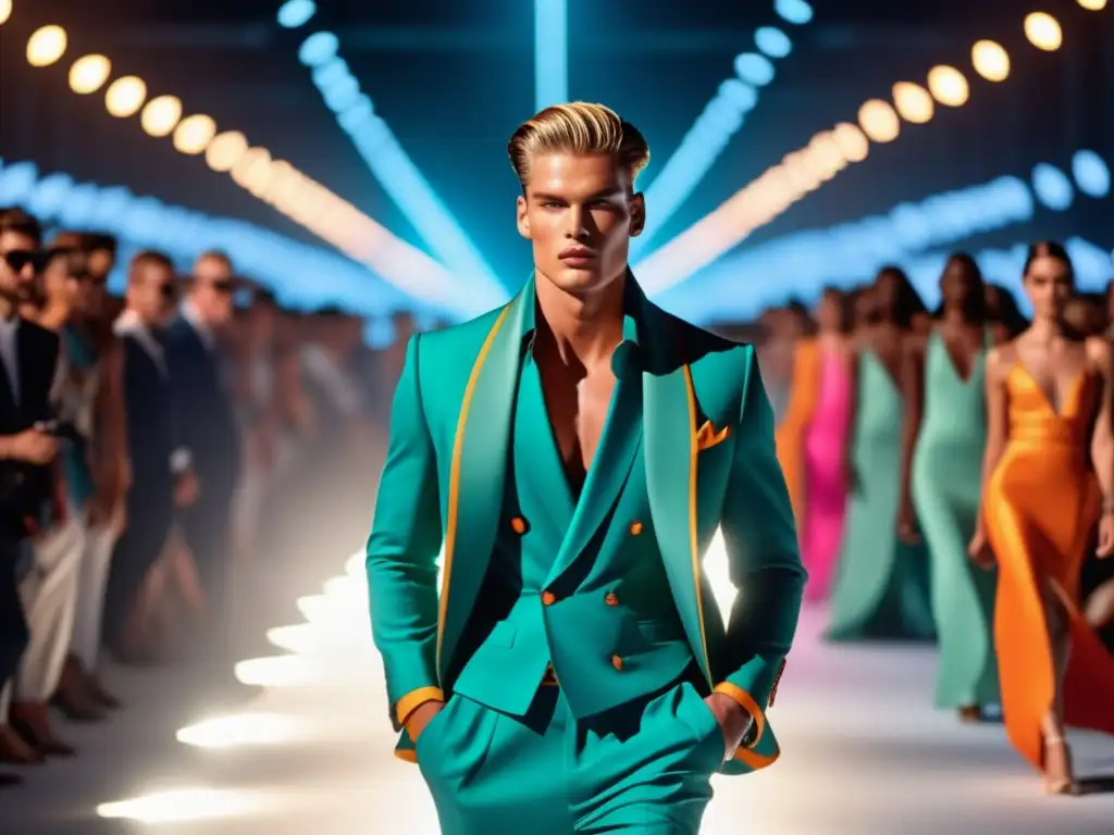 Fotografía de moda masculina: modelo desfila en pasarela con atuendo perfectamente confeccionado, luces vibrantes y público entusiasta